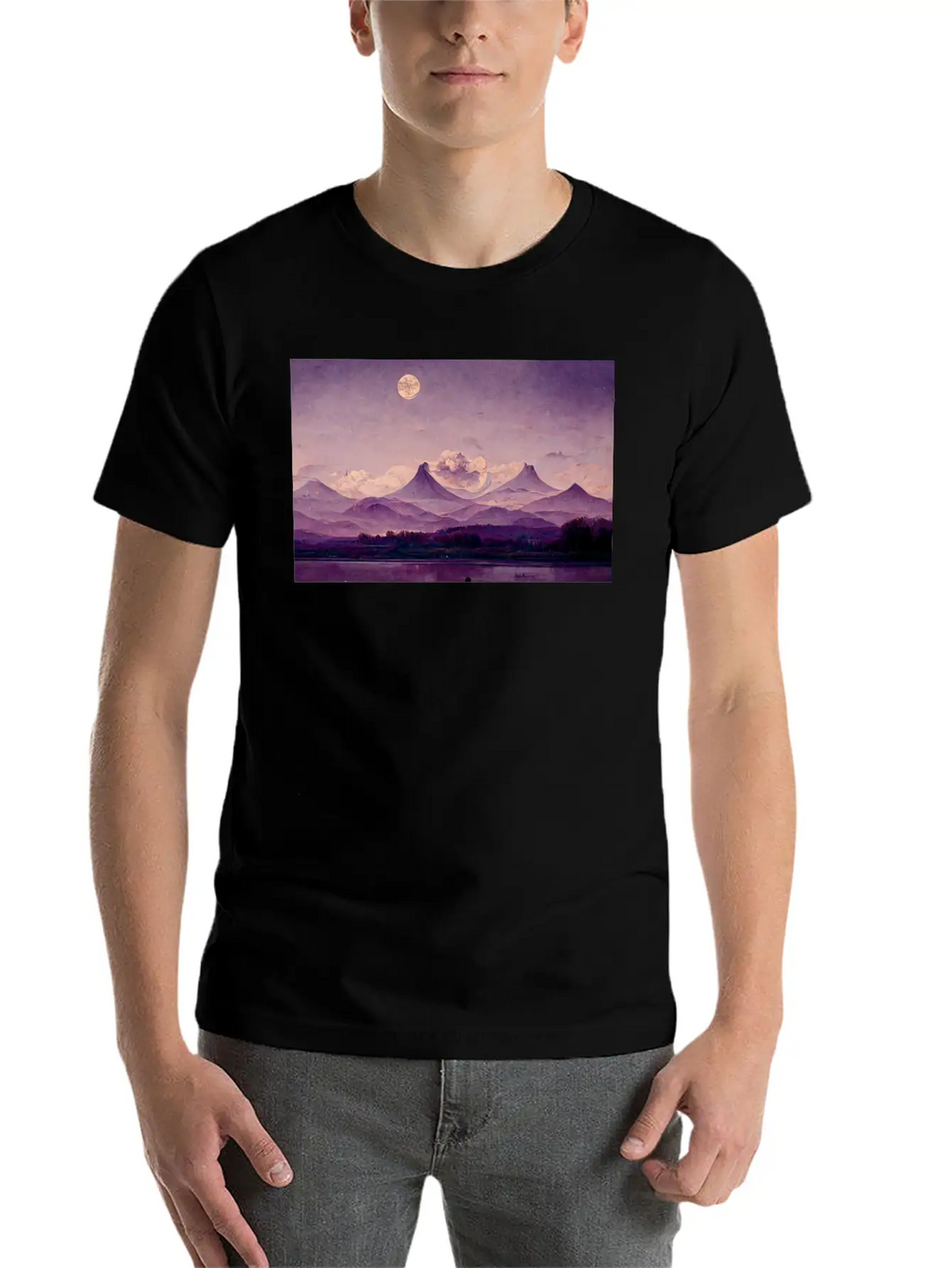 Purple Mountains Landscape Painting Essential Cotton Tee For Daily Outfits – Unisex Style