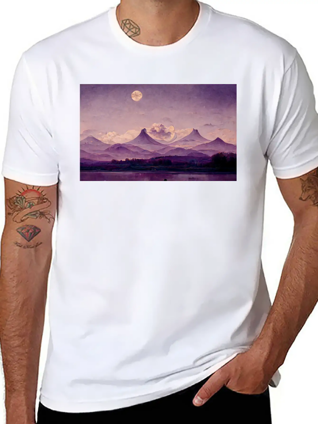 Purple Mountains Landscape Painting Essential Cotton Tee For Daily Outfits – Unisex Style