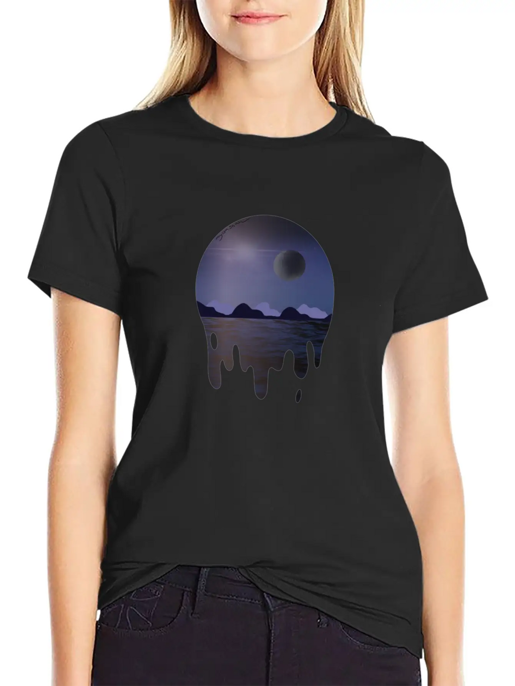 Purple Night Sky With Dark Side Of Moon With Ocean Casual Graphic T-Shirt – Simple And Comfortable Daily Wear