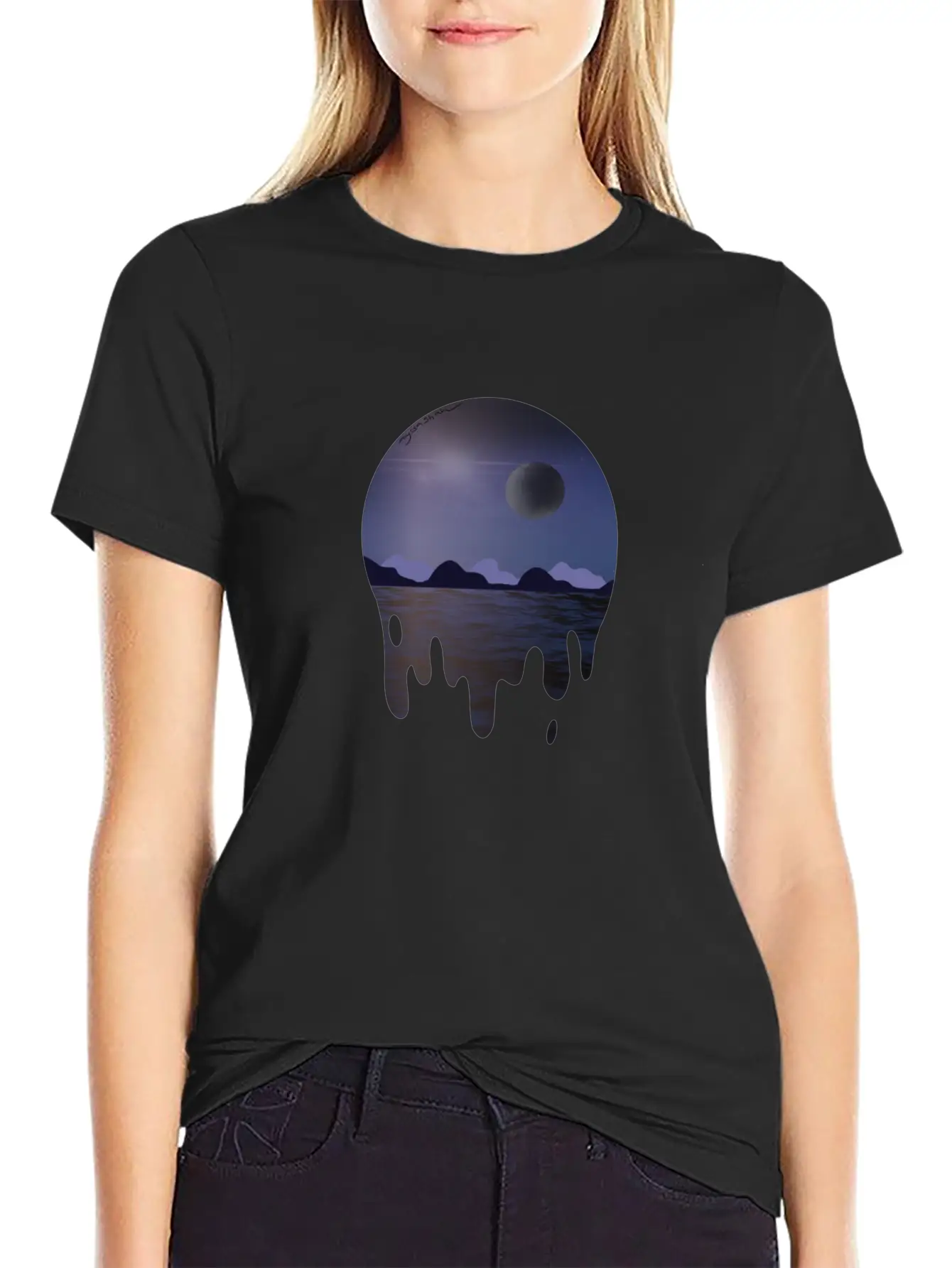 Purple Night Sky With Dark Side Of Moon With Ocean Casual Graphic T-Shirt – Simple And Comfortable Daily Wear