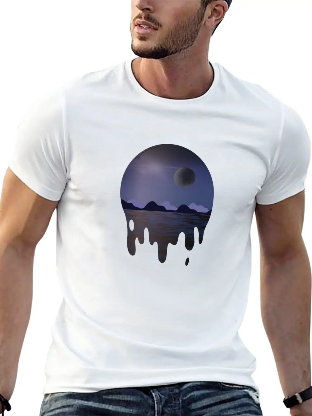 Purple Night Sky With Dark Side Of Moon With Ocean Casual Graphic T-Shirt – Simple And Comfortable Daily Wear