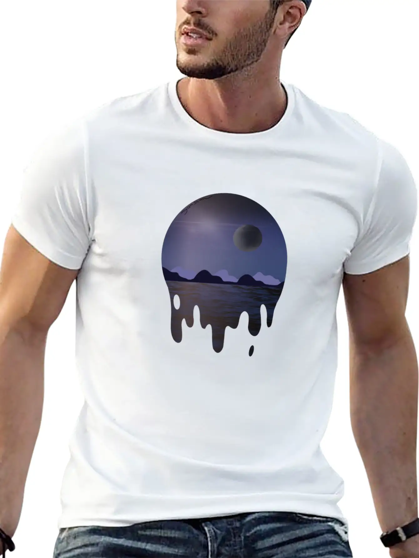 Purple Night Sky With Dark Side Of Moon With Ocean Casual Graphic T-Shirt – Simple And Comfortable Daily Wear
