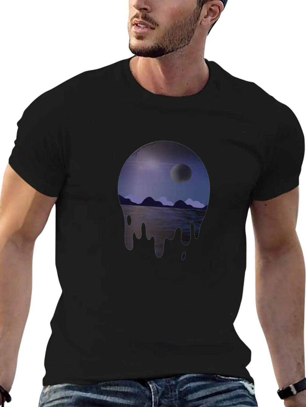 Purple Night Sky With Dark Side Of Moon With Ocean Casual Graphic T-Shirt – Simple And Comfortable Daily Wear