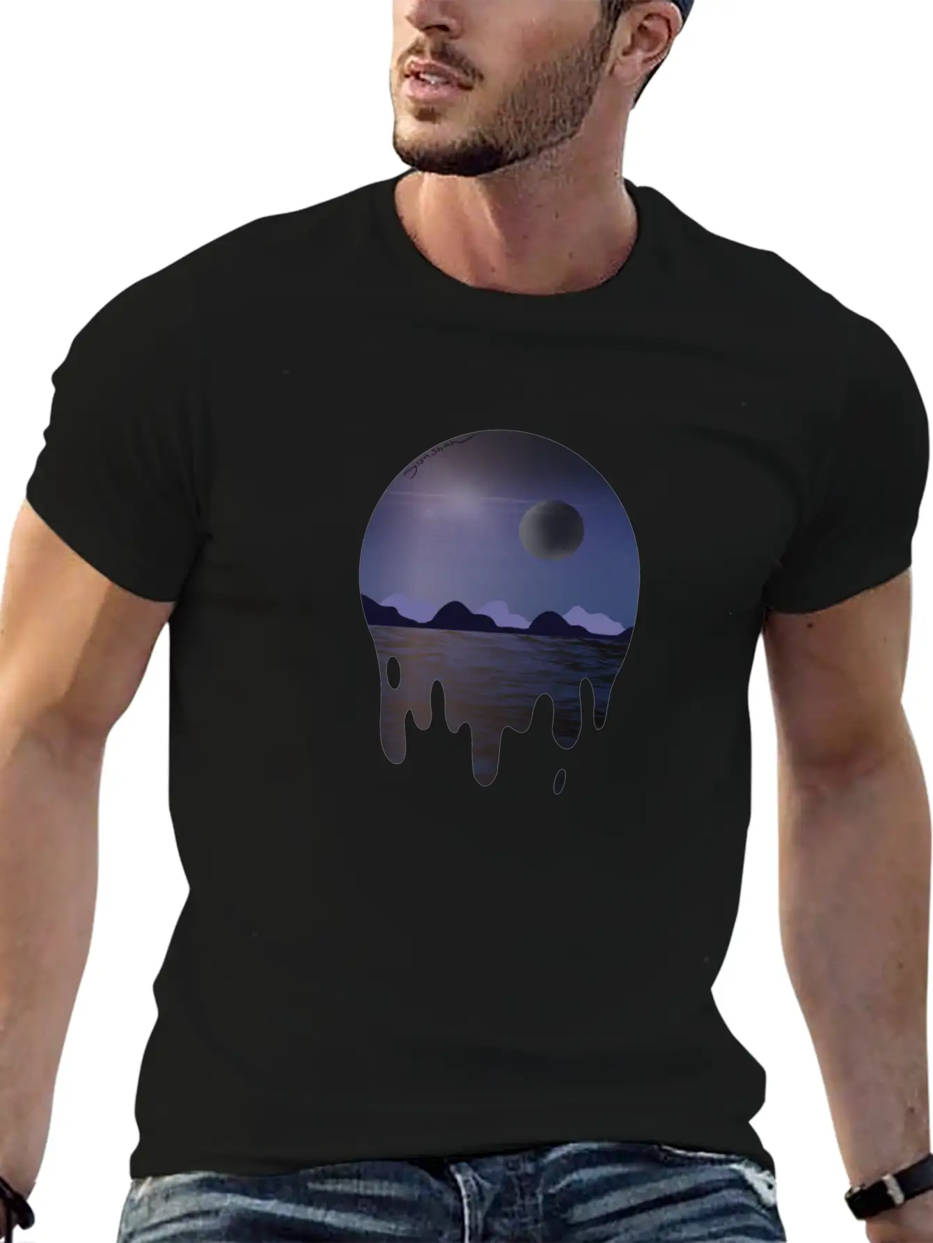 Purple Night Sky With Dark Side Of Moon With Ocean Casual Graphic T-Shirt – Simple And Comfortable Daily Wear