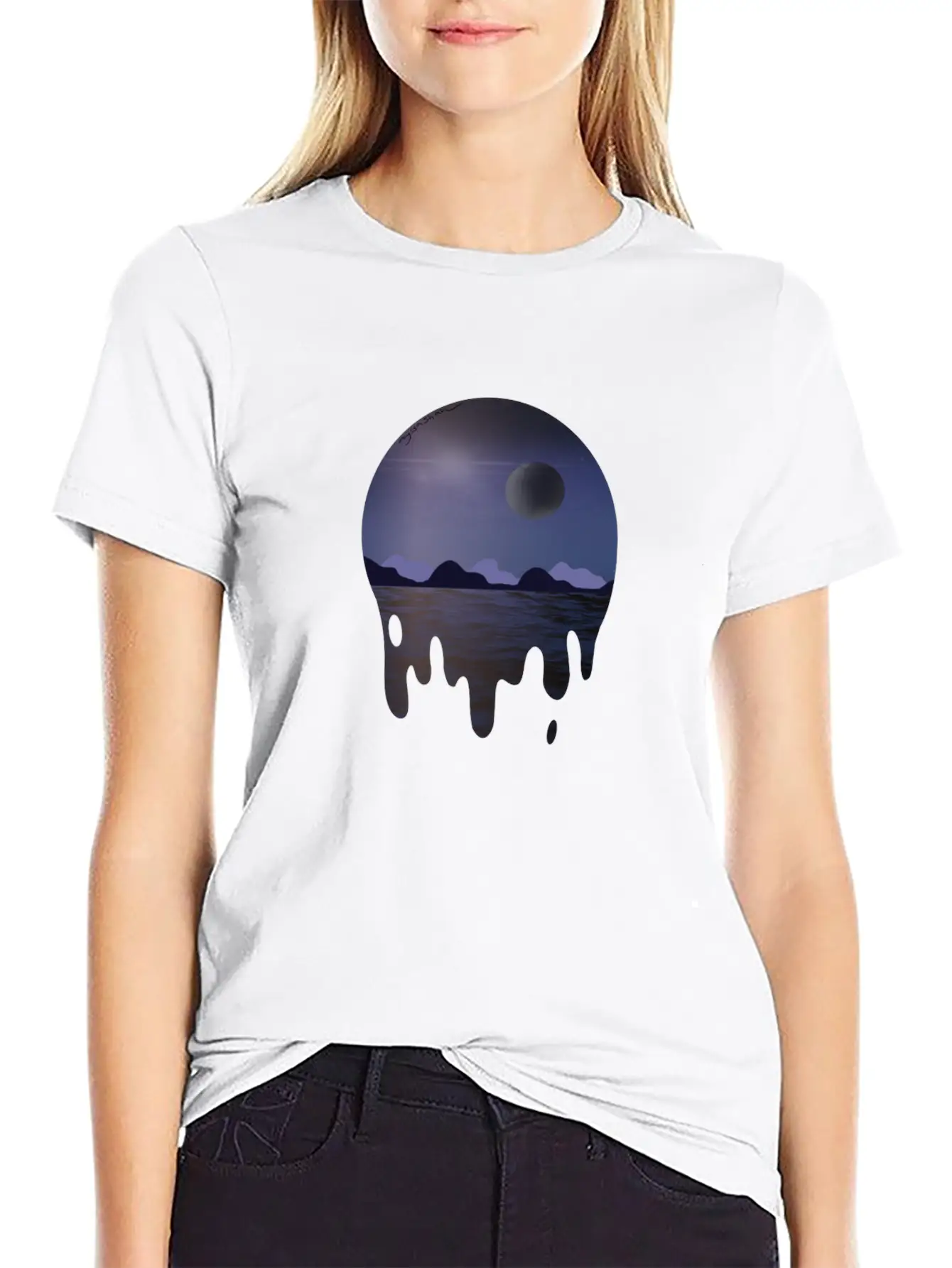 Purple Night Sky With Dark Side Of Moon With Ocean Casual Graphic T-Shirt – Simple And Comfortable Daily Wear