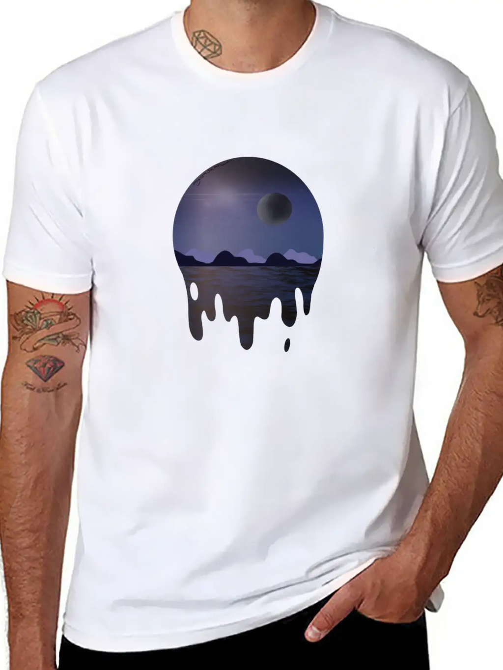 Purple Night Sky With Dark Side Of Moon With Ocean Casual Graphic T-Shirt – Simple And Comfortable Daily Wear
