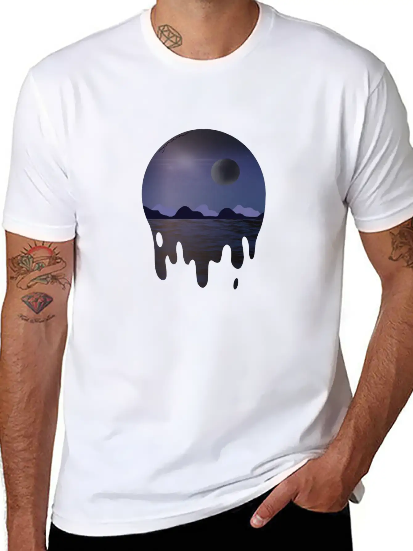 Purple Night Sky With Dark Side Of Moon With Ocean Casual Graphic T-Shirt – Simple And Comfortable Daily Wear