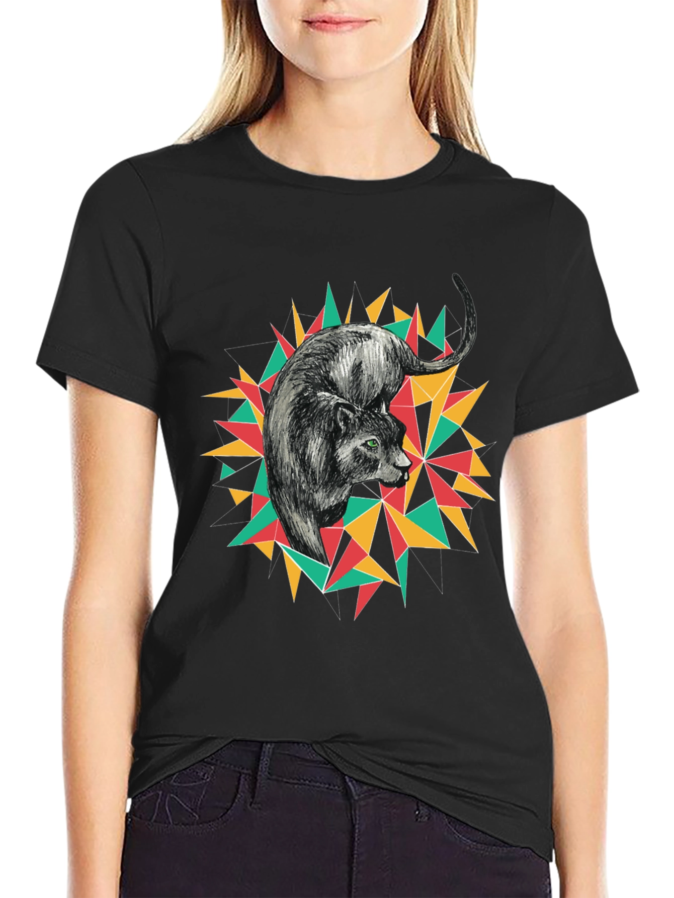 Geometric Panther Graphic Tee - Black
