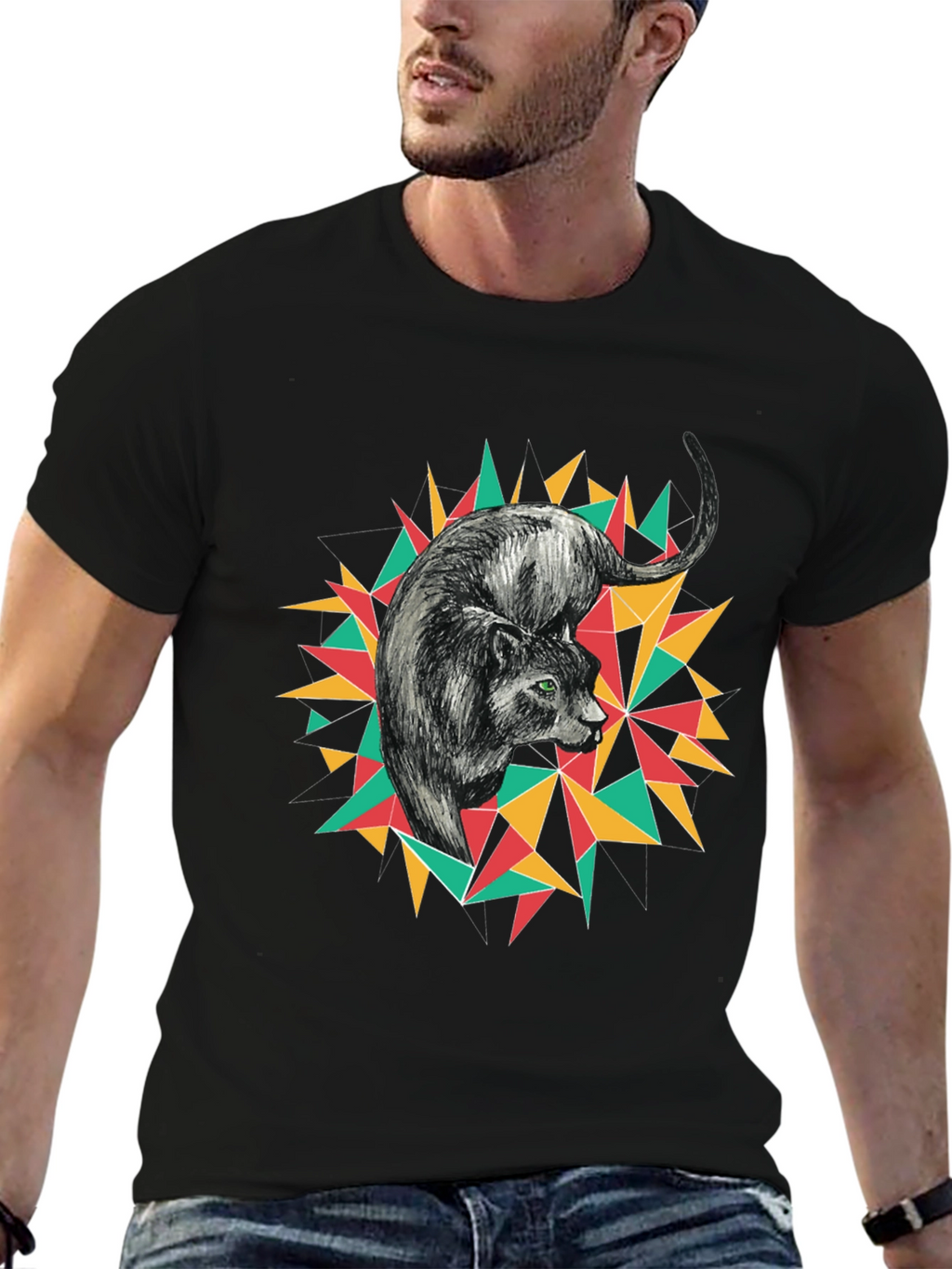 Geometric Panther Graphic Tee - Black