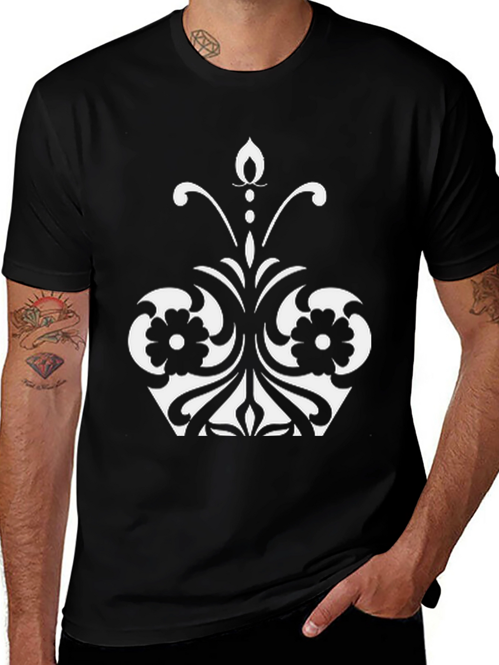 Elegant Floral Design Black T-Shirt