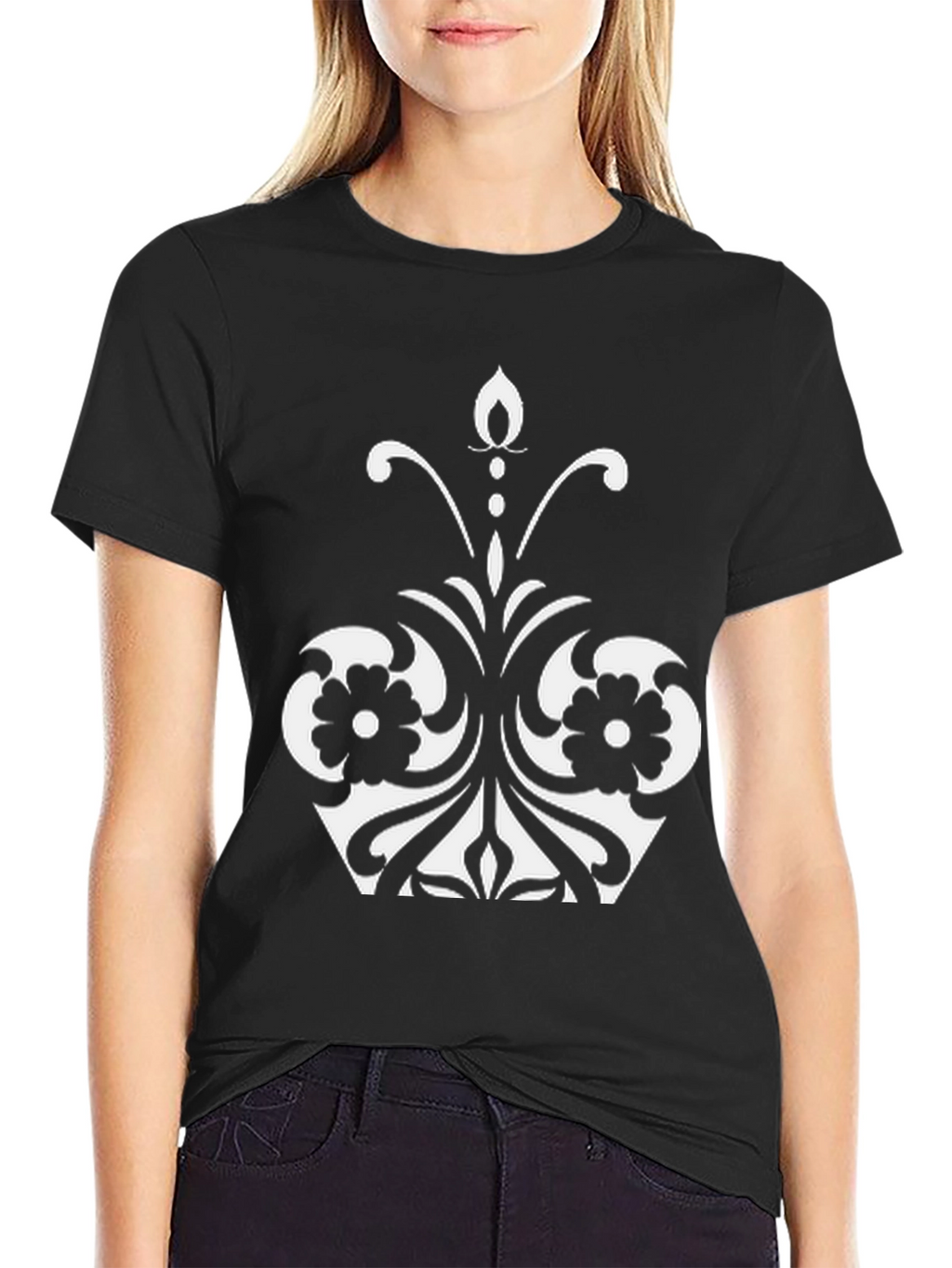 Elegant Floral Design Black T-Shirt