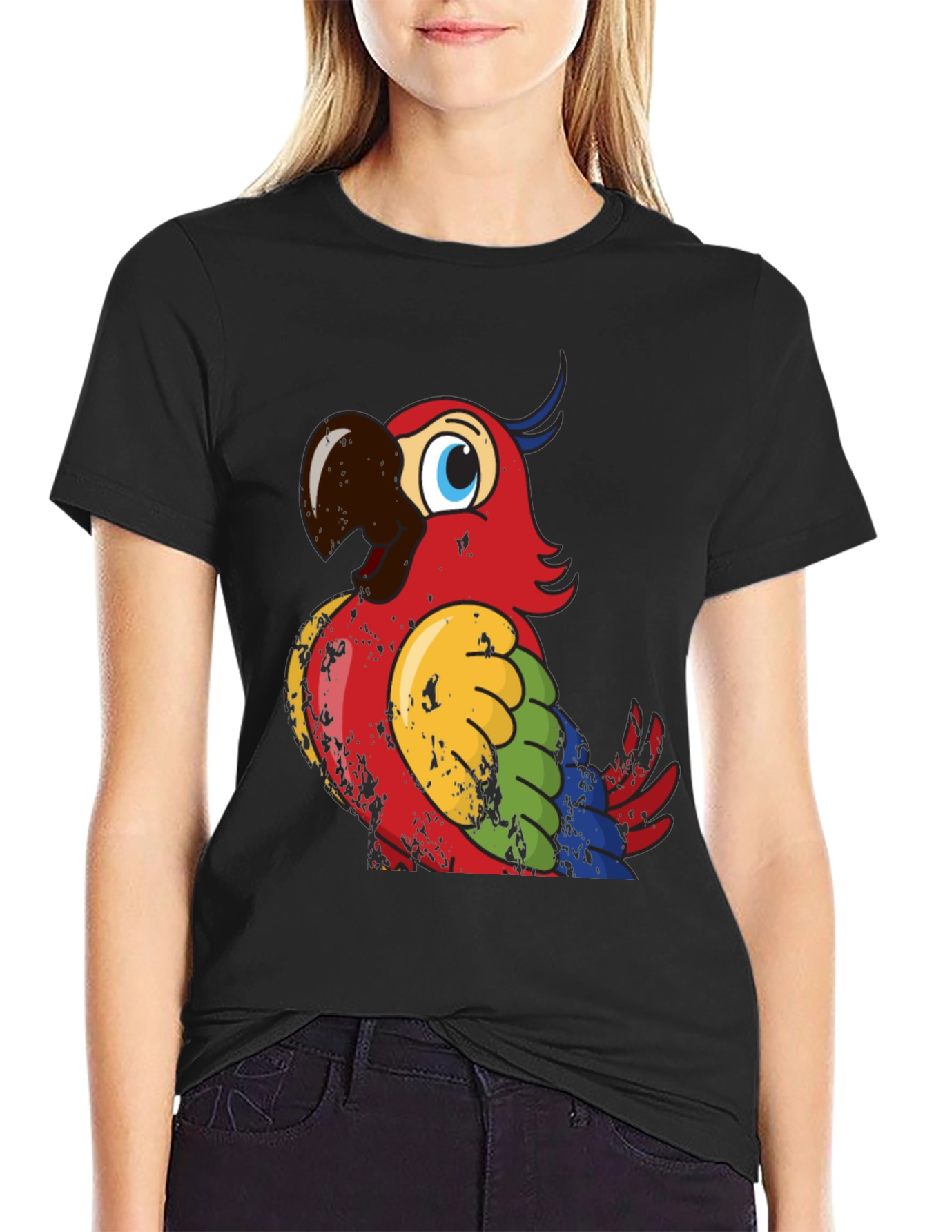 Colorful Parrot Graphic Black T-Shirt