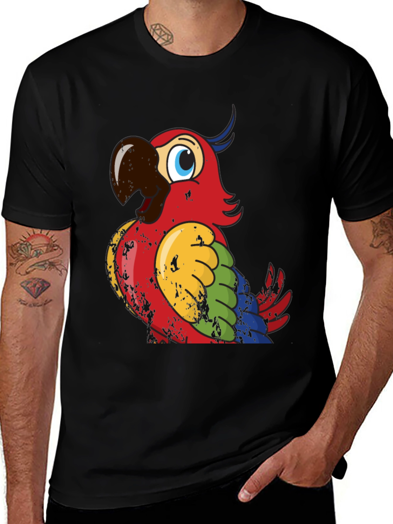 Colorful Parrot Graphic Black T-Shirt