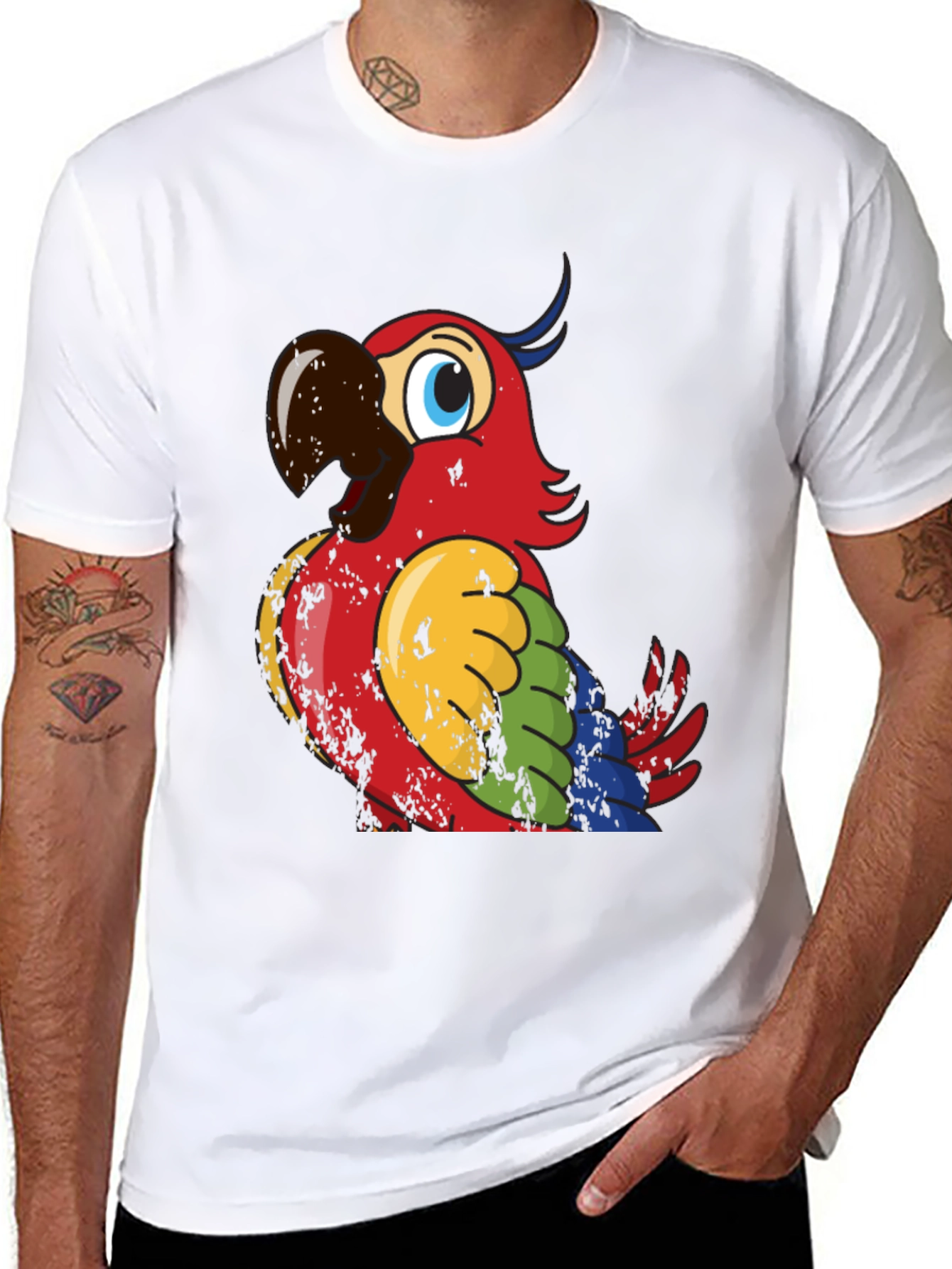 Colorful Parrot Graphic Black T-Shirt