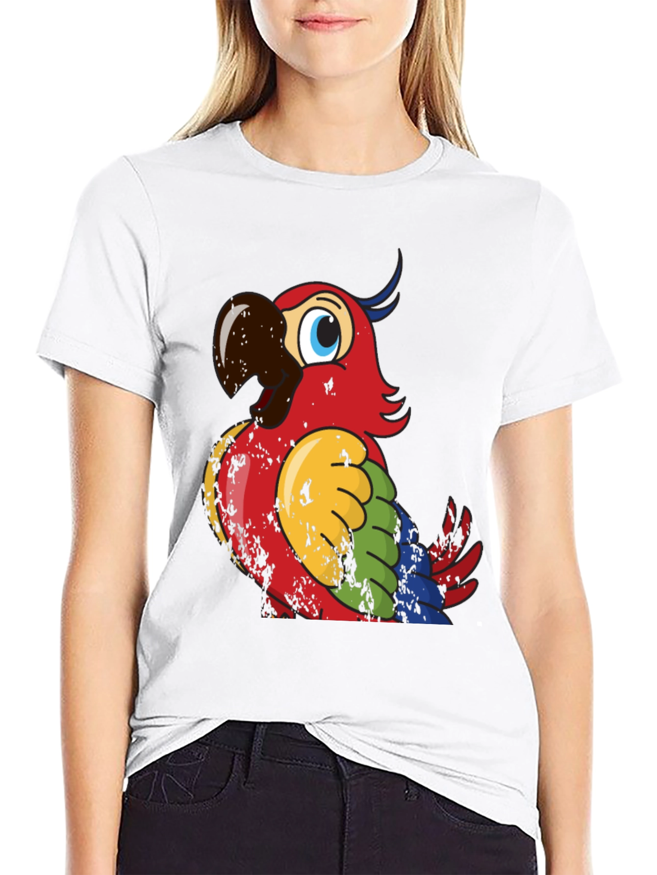 Colorful Parrot Graphic Black T-Shirt