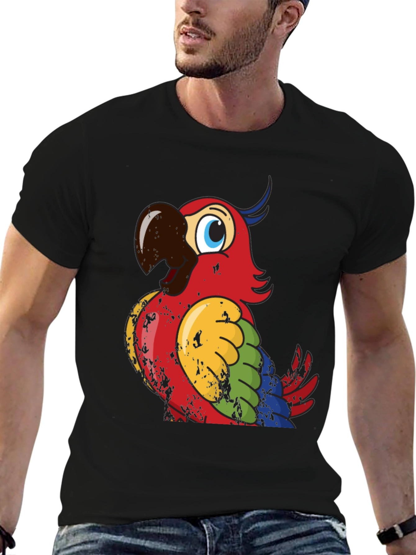 Colorful Parrot Graphic Black T-Shirt