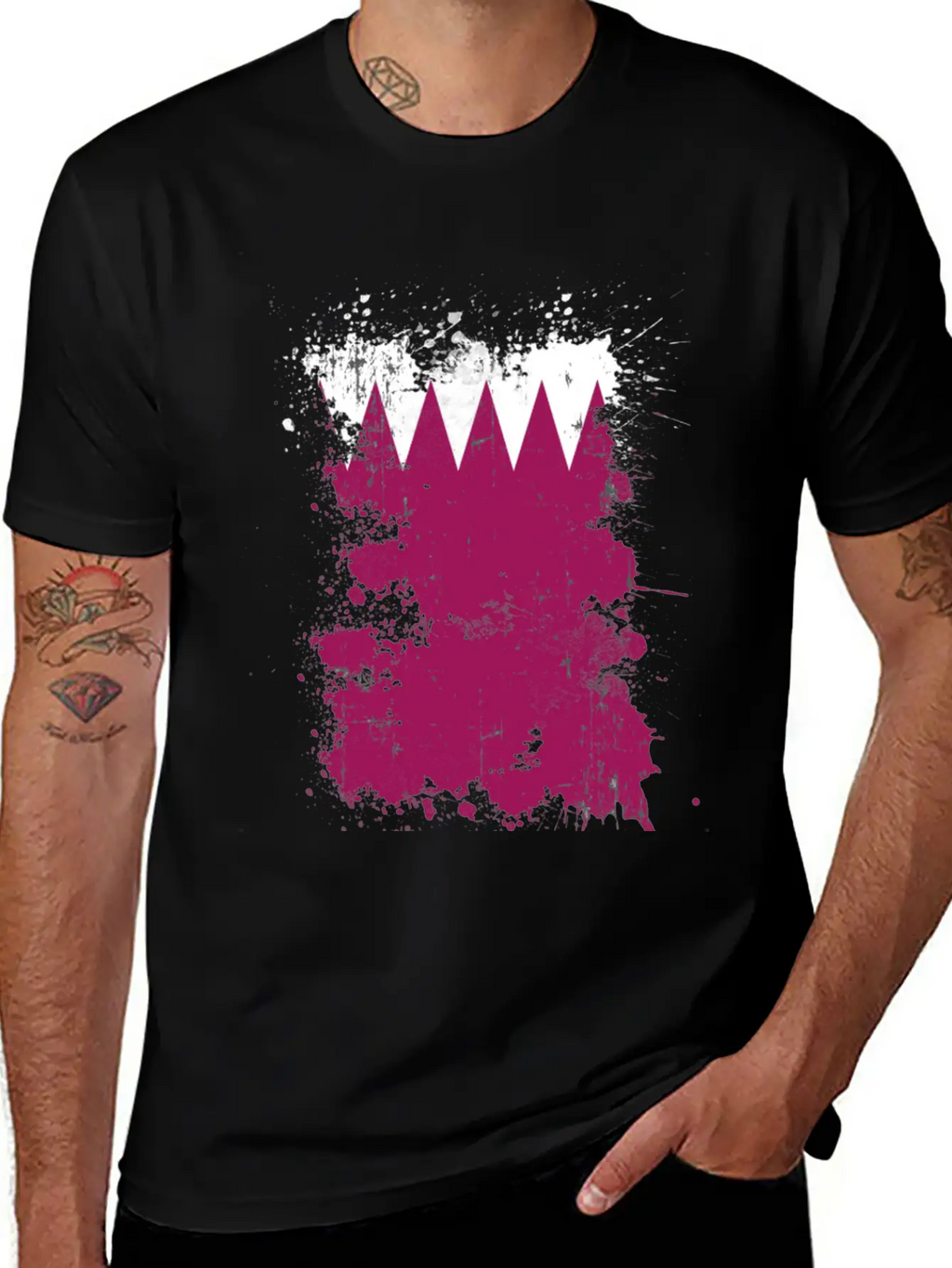 Qatar Flag Paint Splatters Paint Blob Art Unisex Short Sleeve Soft Cotton T-Shirt – Casual Everyday Wear
