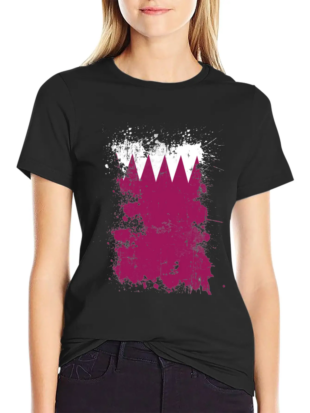 Qatar Flag Paint Splatters Paint Blob Art Unisex Short Sleeve Soft Cotton T-Shirt – Casual Everyday Wear