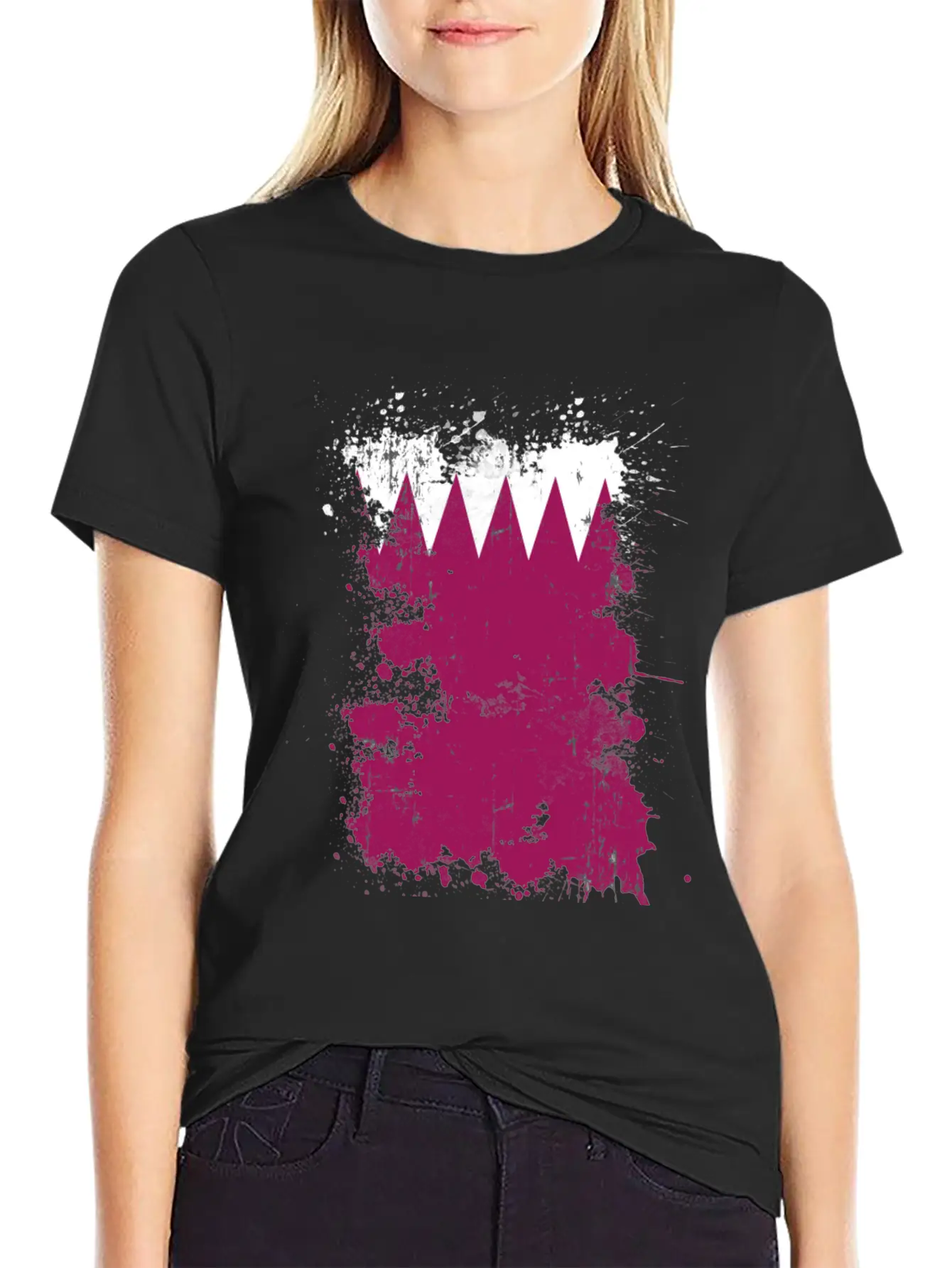 Qatar Flag Paint Splatters Paint Blob Art Unisex Short Sleeve Soft Cotton T-Shirt – Casual Everyday Wear