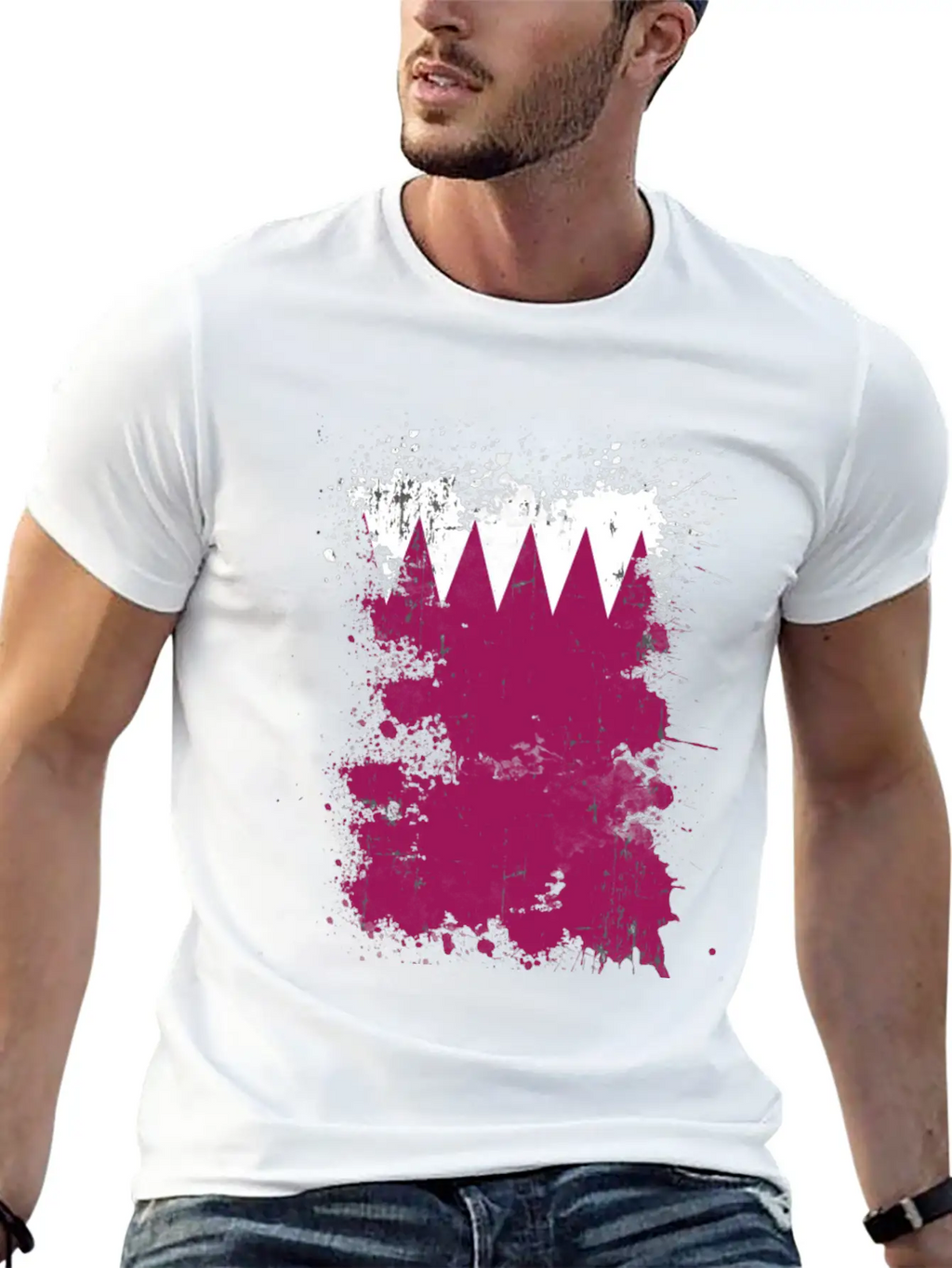 Qatar Flag Paint Splatters Paint Blob Art Unisex Short Sleeve Soft Cotton T-Shirt – Casual Everyday Wear