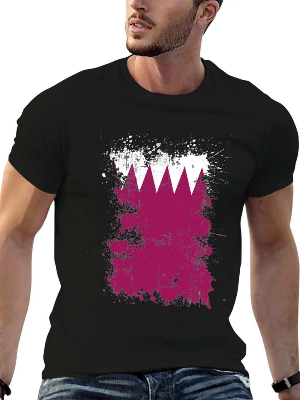 Qatar Flag Paint Splatters Paint Blob Art Unisex Short Sleeve Soft Cotton T-Shirt – Casual Everyday Wear