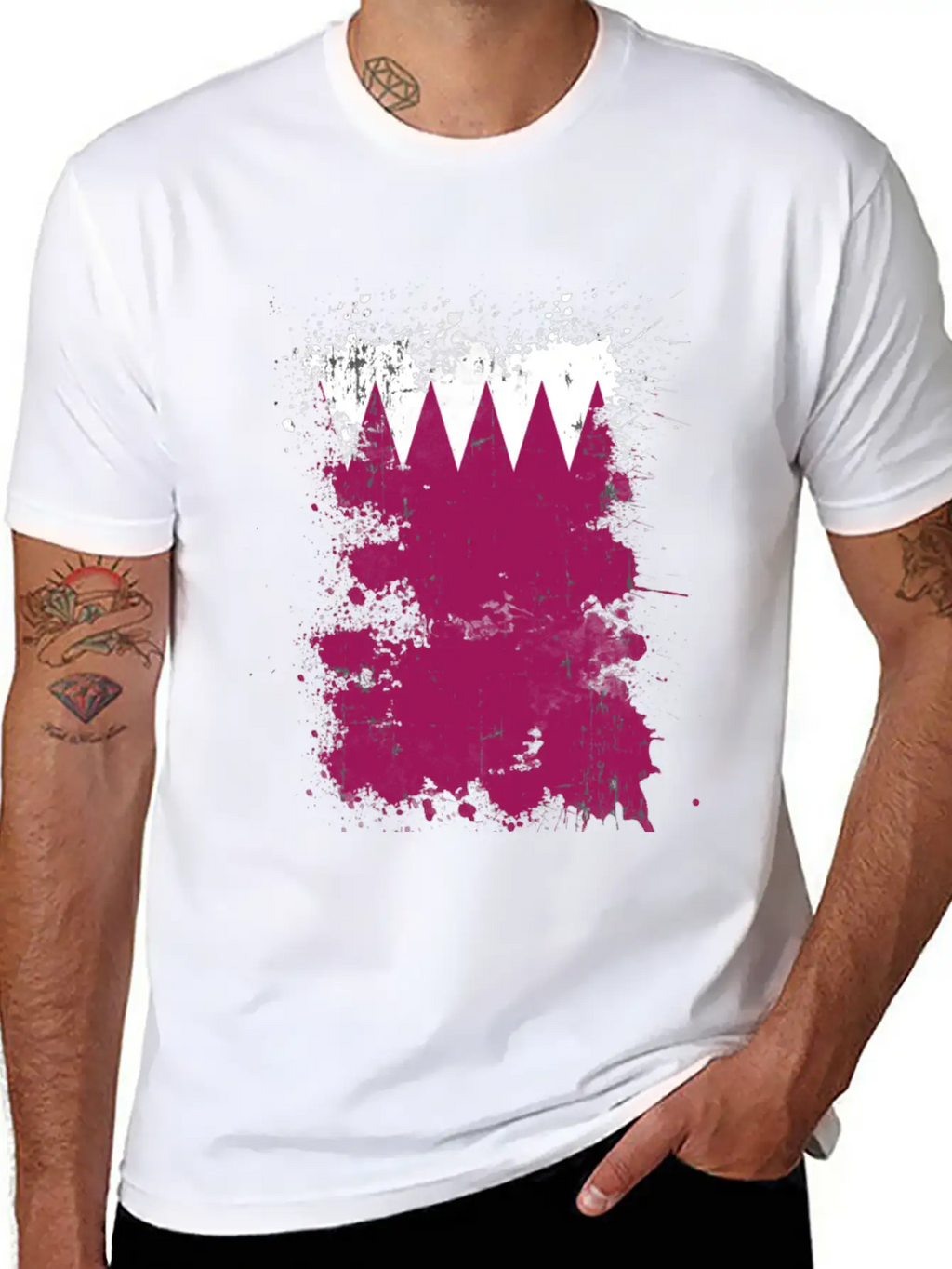 Qatar Flag Paint Splatters Paint Blob Art Unisex Short Sleeve Soft Cotton T-Shirt – Casual Everyday Wear