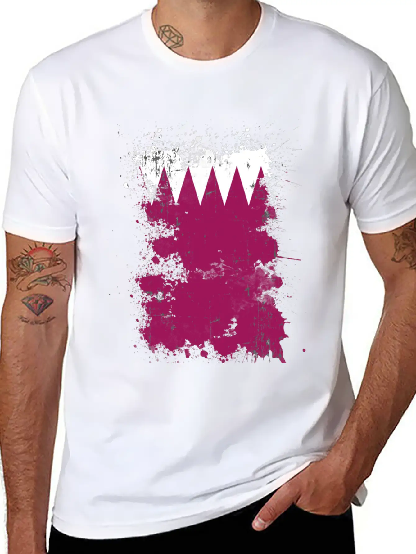 Qatar Flag Paint Splatters Paint Blob Art Unisex Short Sleeve Soft Cotton T-Shirt – Casual Everyday Wear