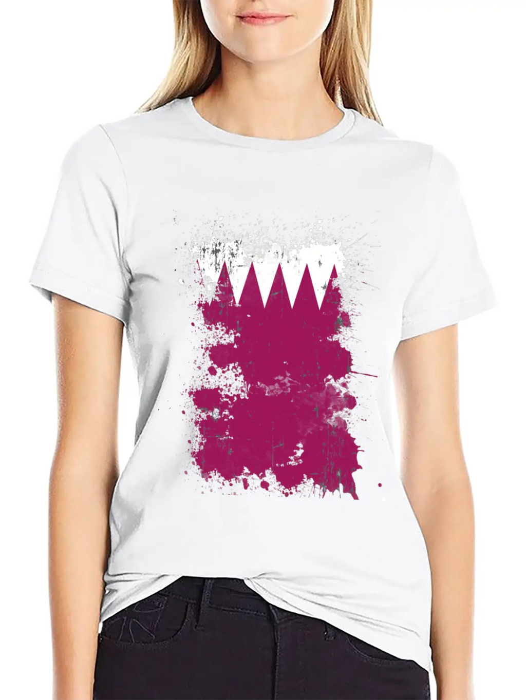 Qatar Flag Paint Splatters Paint Blob Art Unisex Short Sleeve Soft Cotton T-Shirt – Casual Everyday Wear