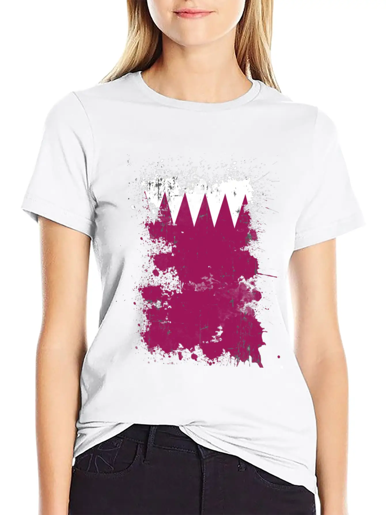 Qatar Flag Paint Splatters Paint Blob Art Unisex Short Sleeve Soft Cotton T-Shirt – Casual Everyday Wear