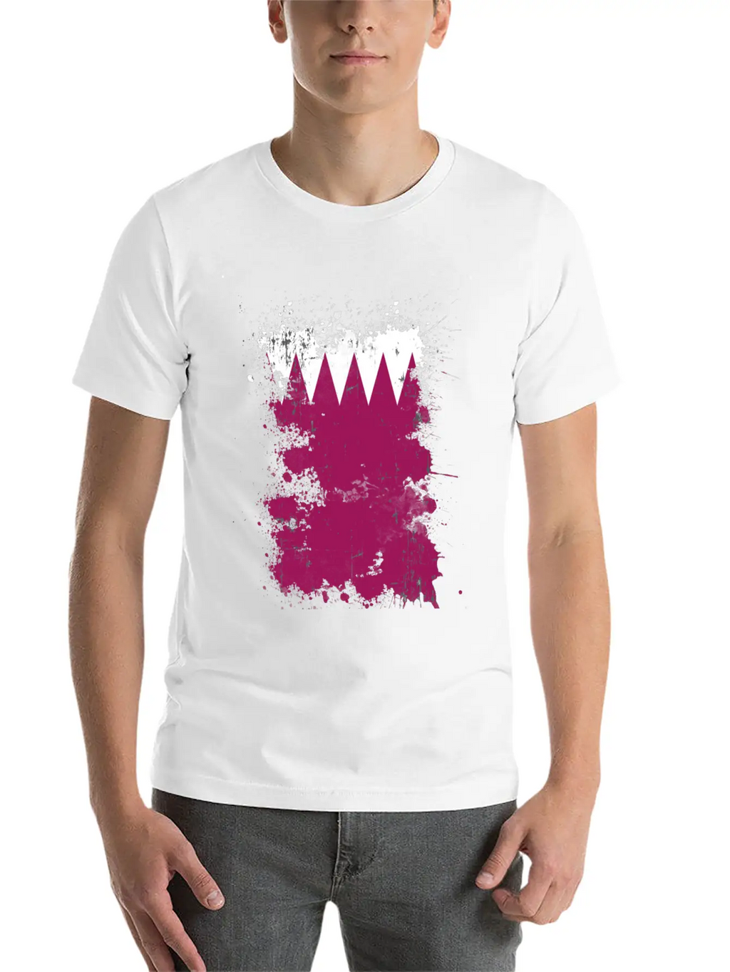 Qatar Flag Paint Splatters Paint Blob Art Unisex Short Sleeve Soft Cotton T-Shirt – Casual Everyday Wear