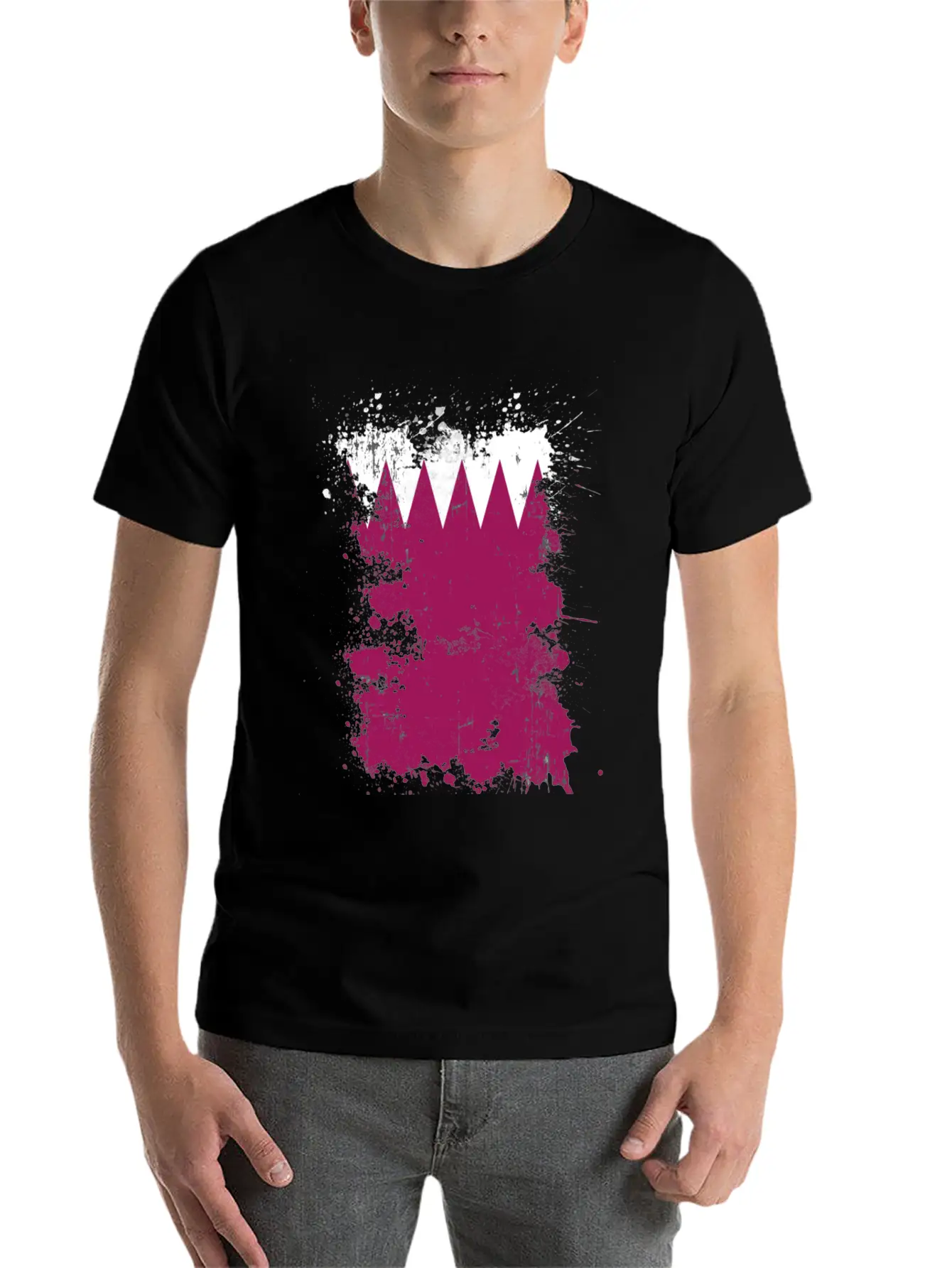 Qatar Flag Paint Splatters Paint Blob Art Unisex Short Sleeve Soft Cotton T-Shirt – Casual Everyday Wear