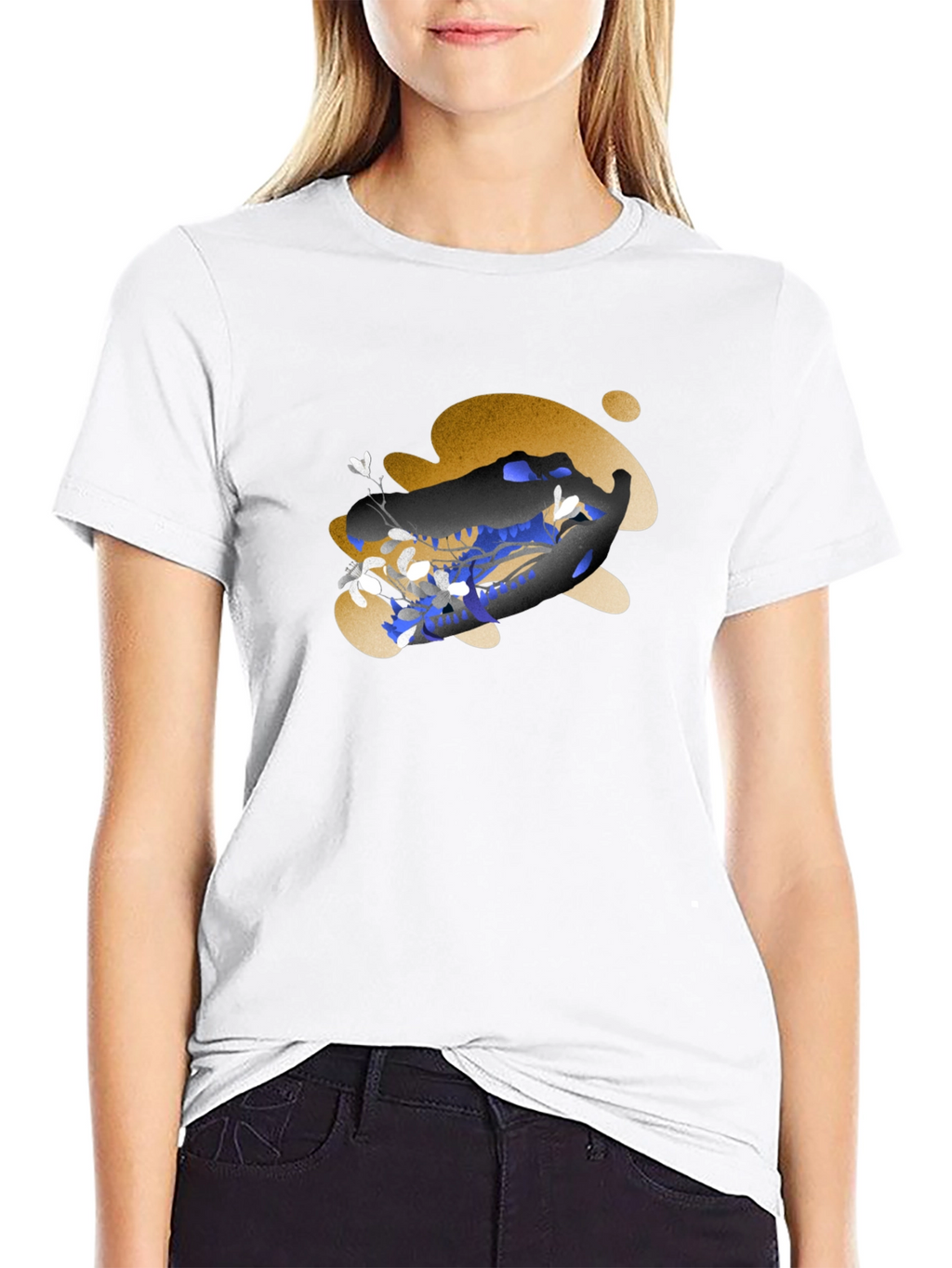 Artistic Floral Skull Graphic Tee - Black