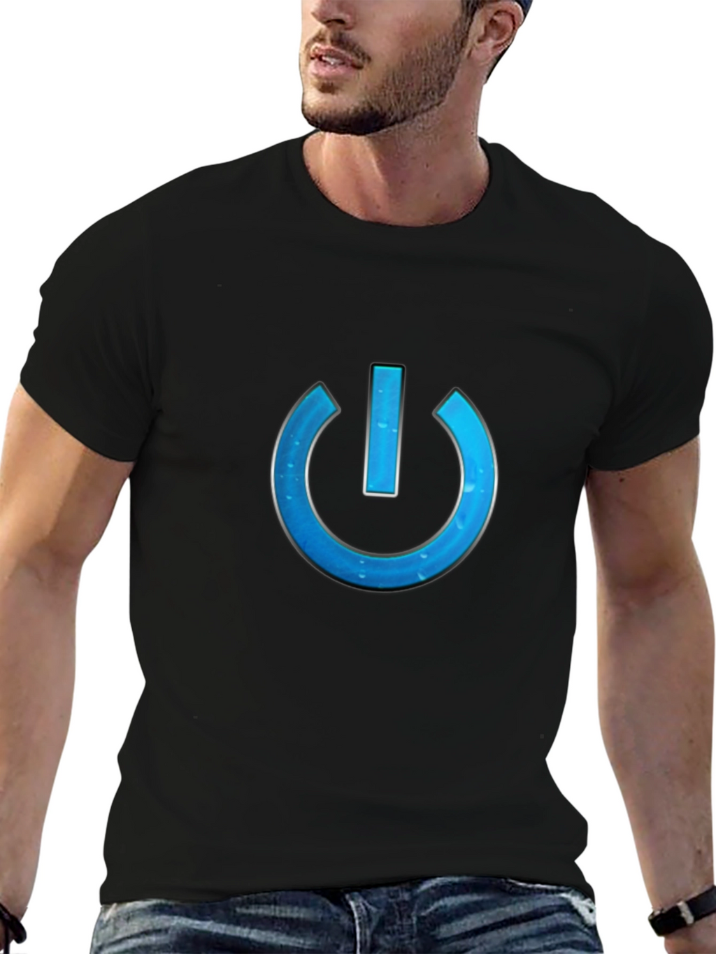 Tech-Style Power Button Graphic Tee - Black