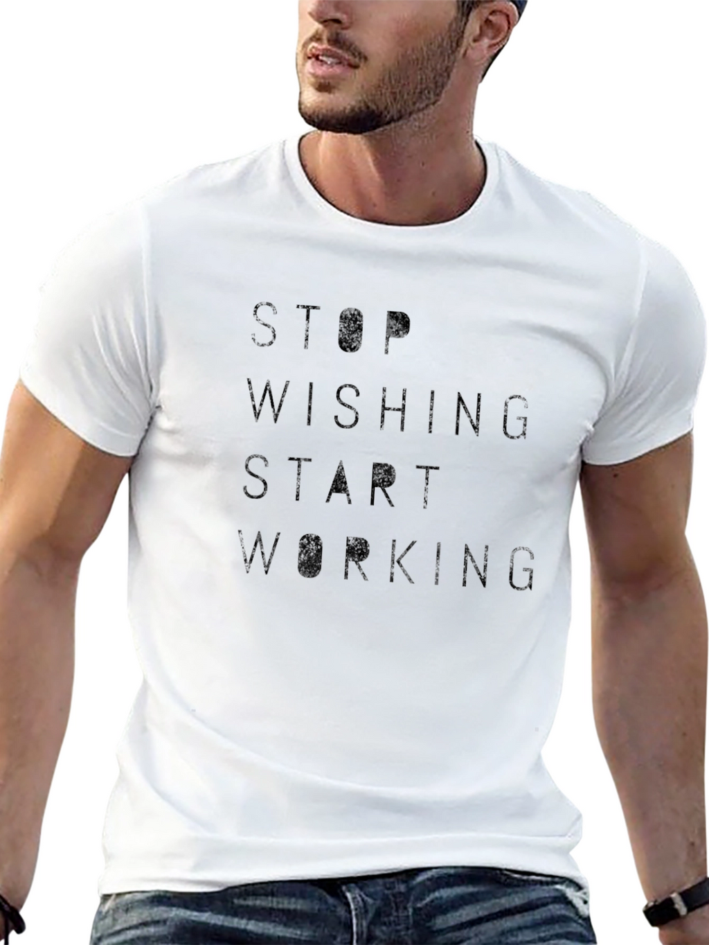 Motivational Stop Wishing Start Working Black T-Shirt
