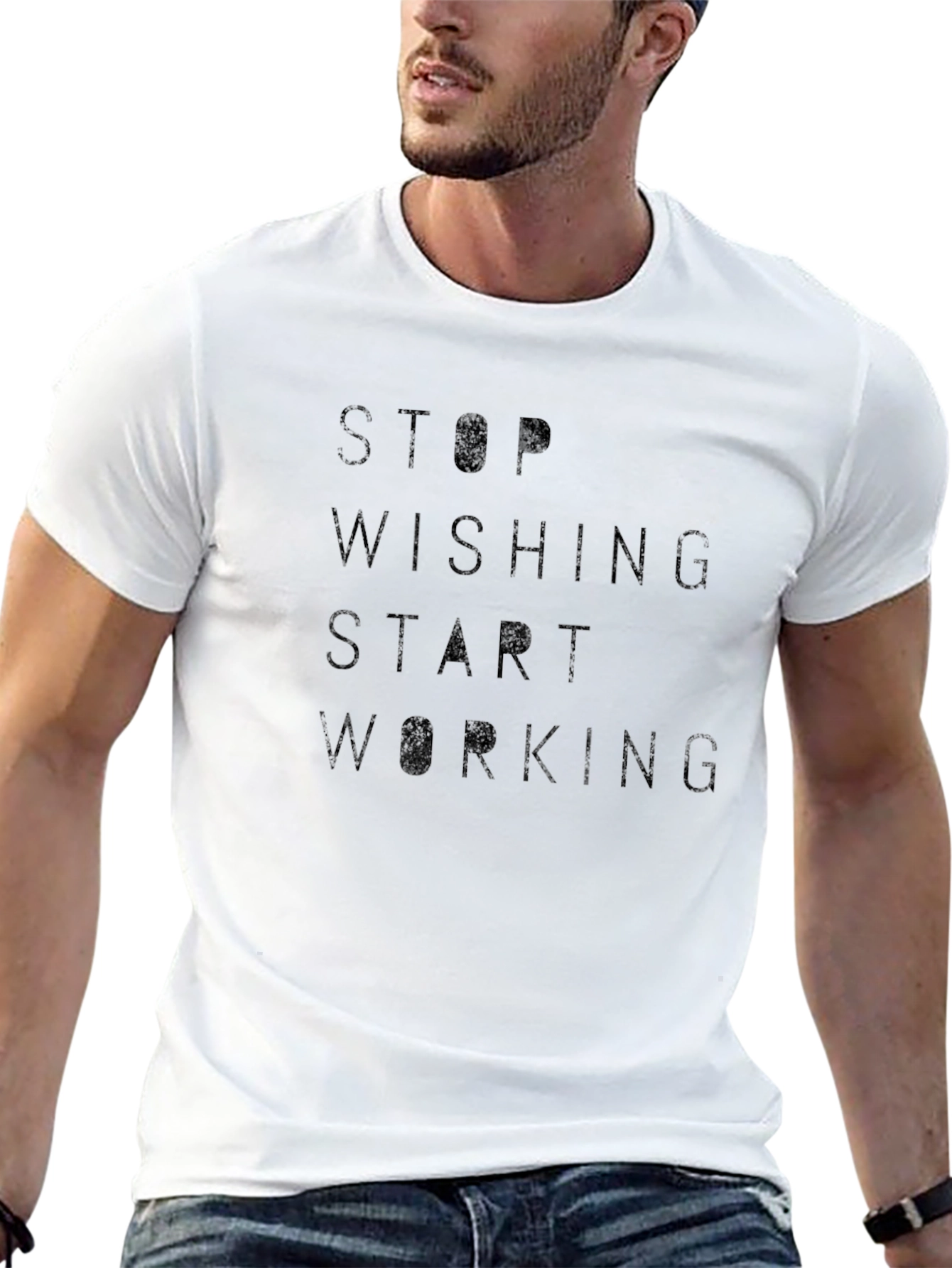 Motivational Stop Wishing Start Working Black T-Shirt