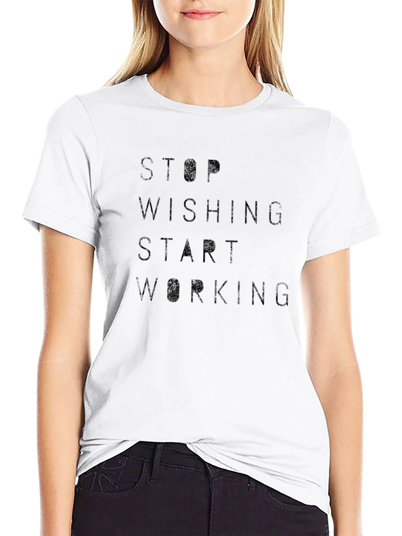 Motivational Stop Wishing Start Working Black T-Shirt