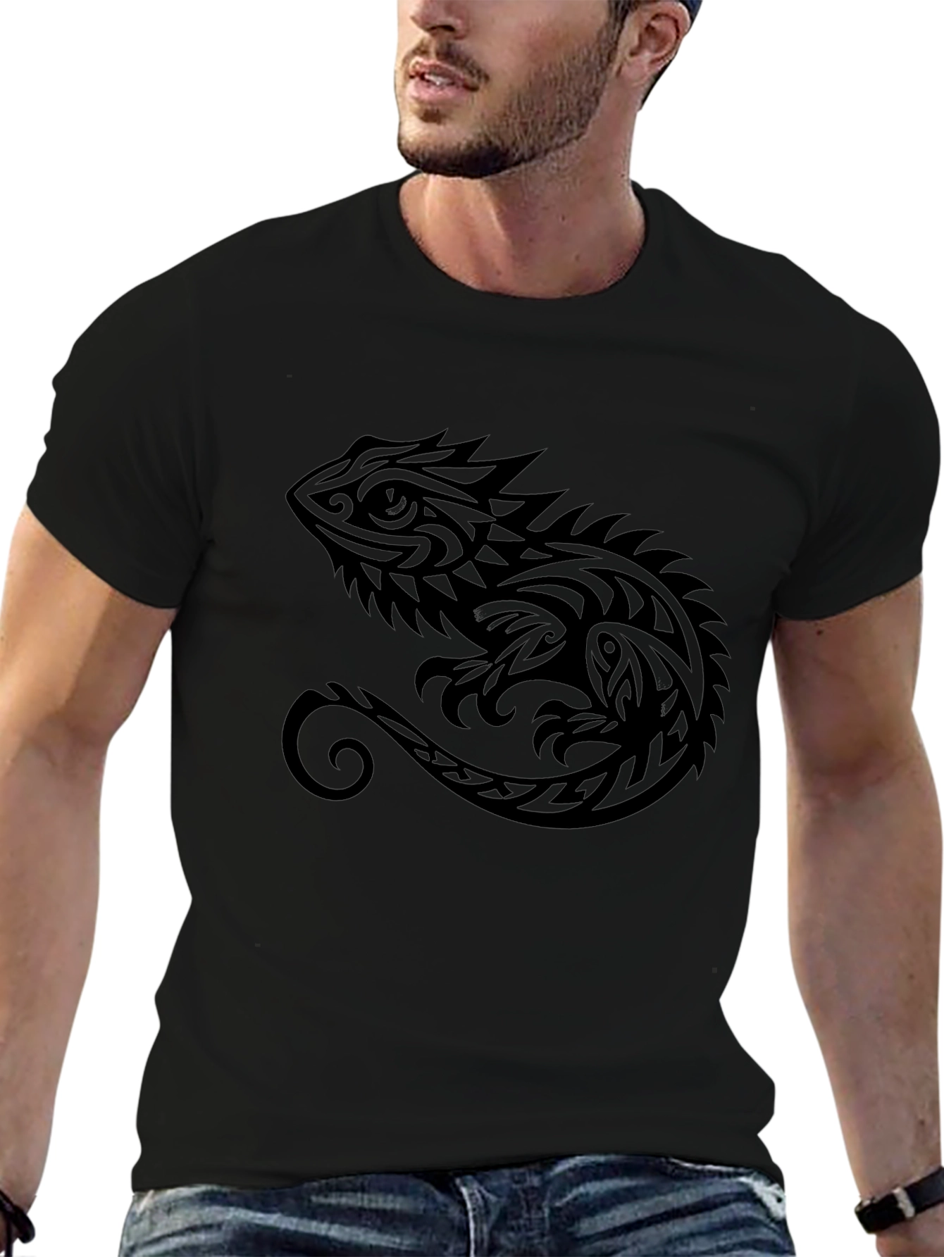 Tribal Lizard Graphic Tee - Stylish Mens Black T-Shirt