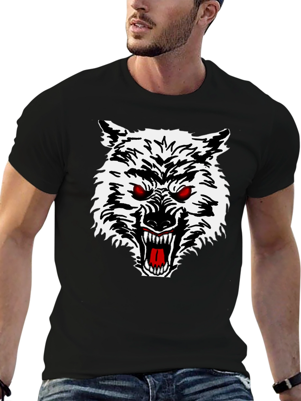 Mens Black T-Shirt with Wolf Graphic