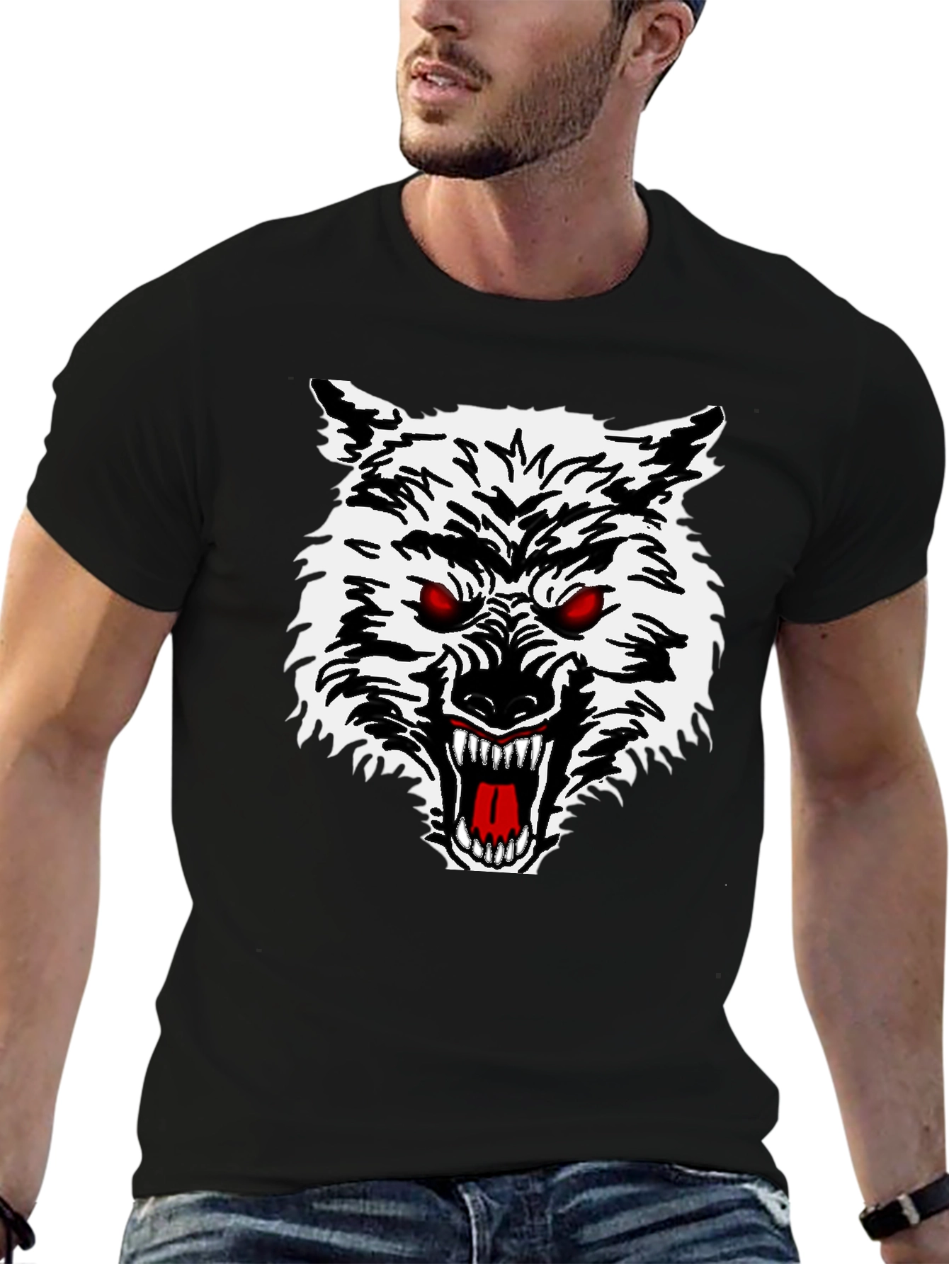 Mens Black T-Shirt with Wolf Graphic