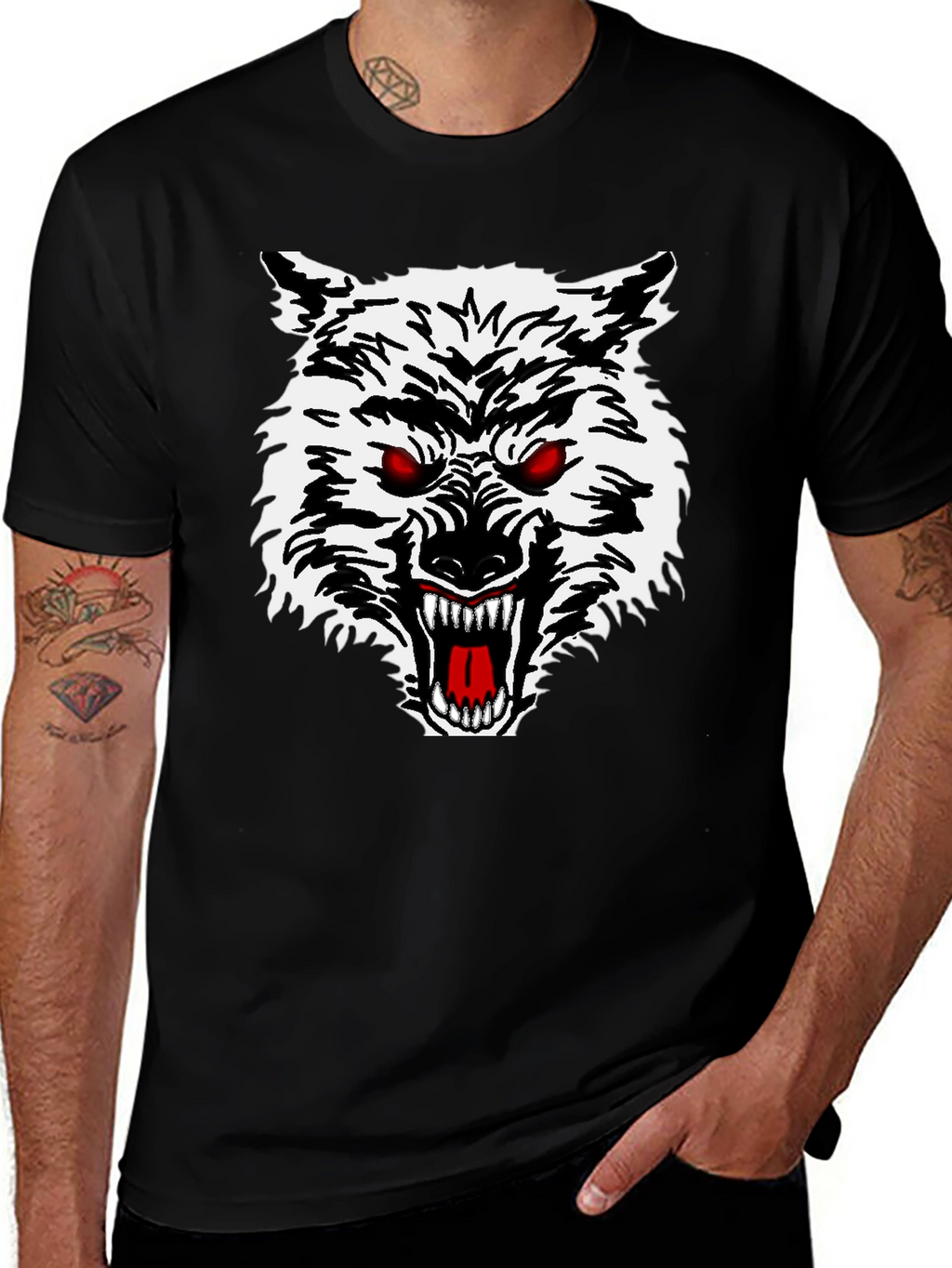 Mens Black T-Shirt with Wolf Graphic
