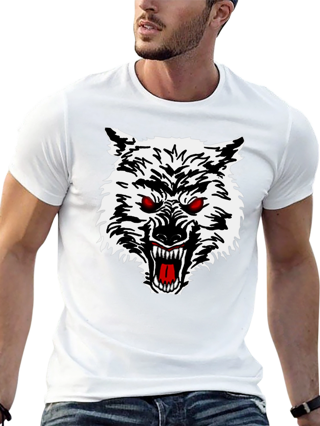 Mens Black T-Shirt with Wolf Graphic