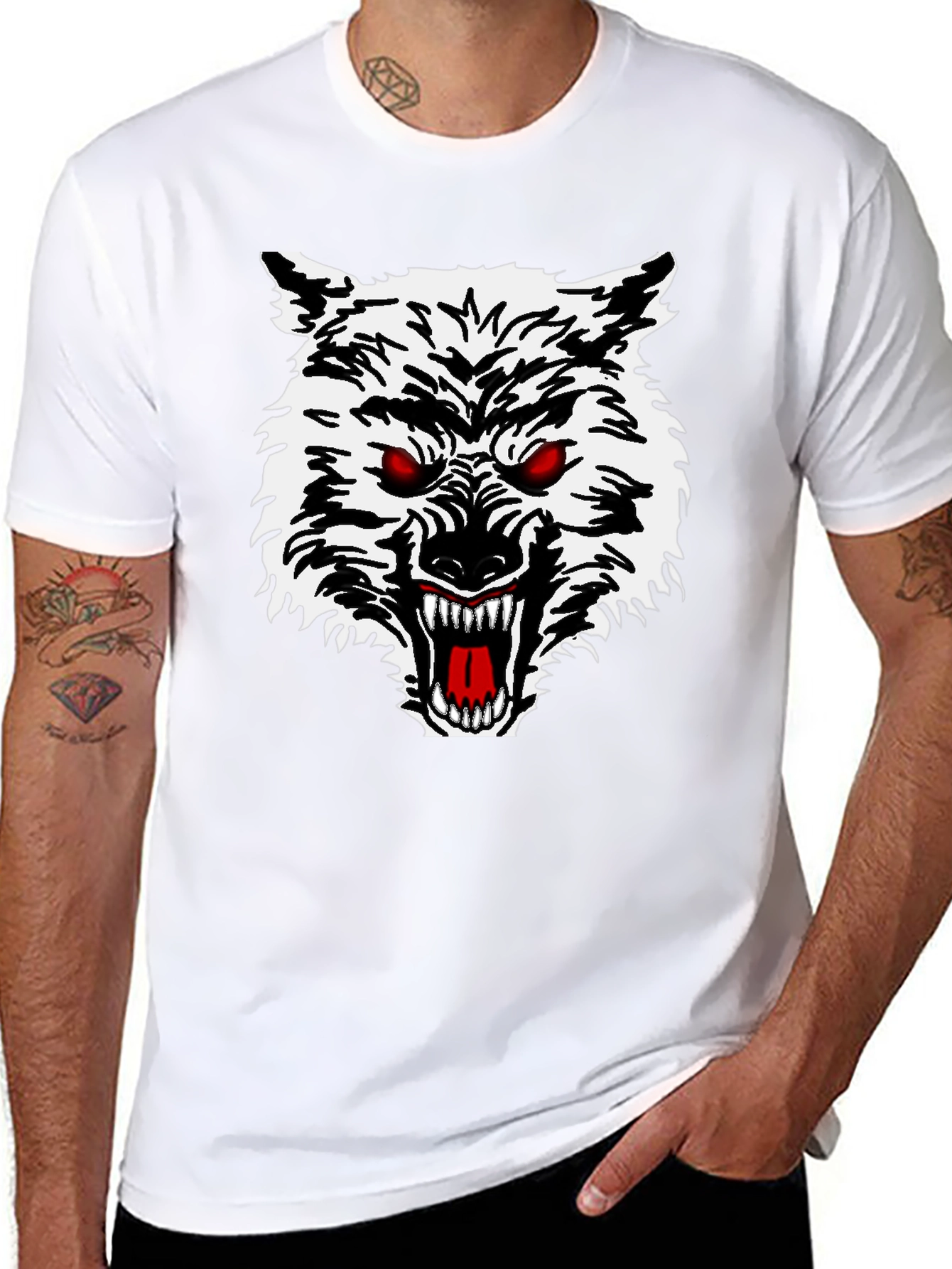 Mens Black T-Shirt with Wolf Graphic
