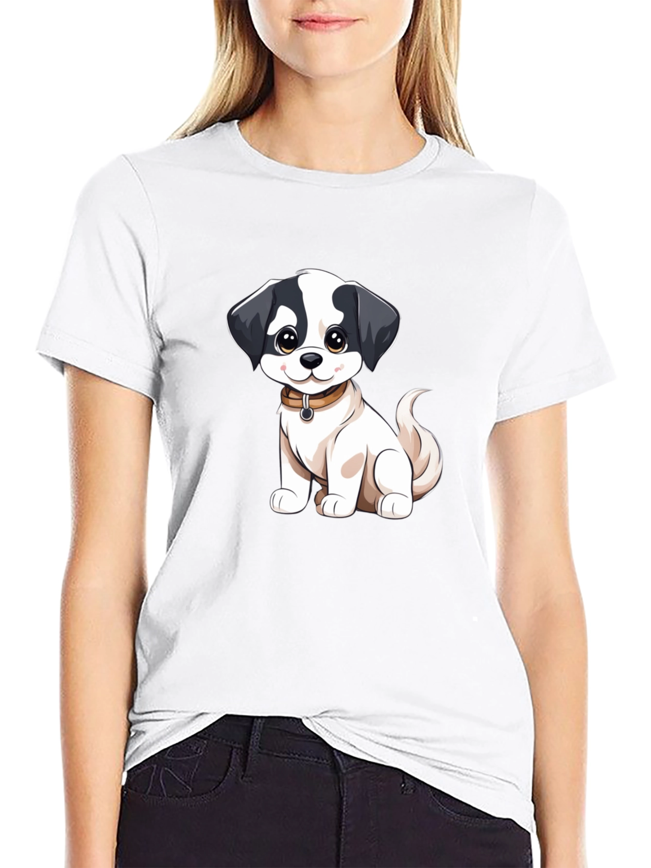 Cute Cartoon Dog Graphic Black T-Shirt