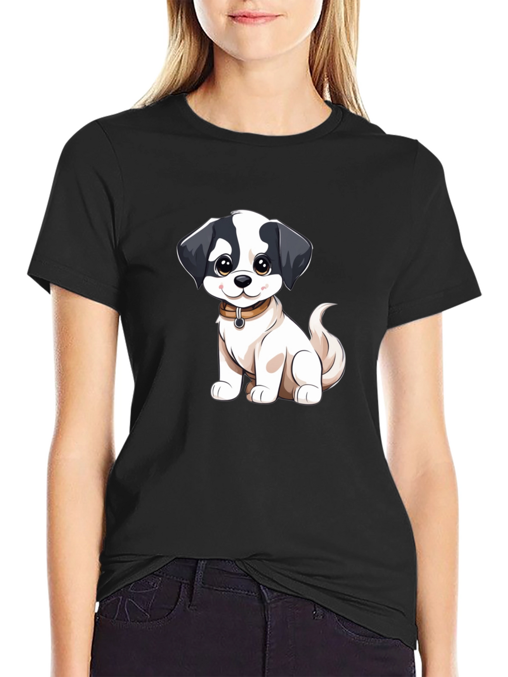Cute Cartoon Dog Graphic Black T-Shirt