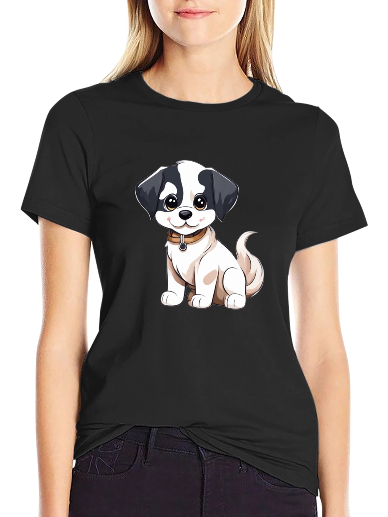 Cute Cartoon Dog Graphic Black T-Shirt