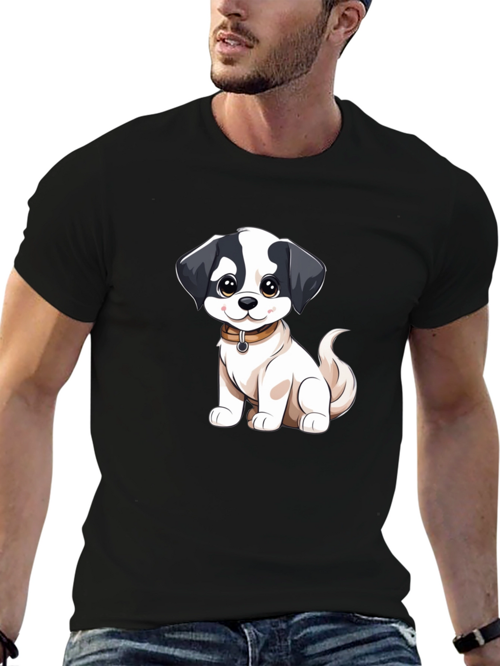 Cute Cartoon Dog Graphic Black T-Shirt