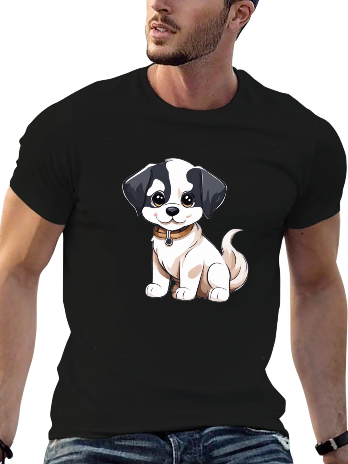 Cute Cartoon Dog Graphic Black T-Shirt