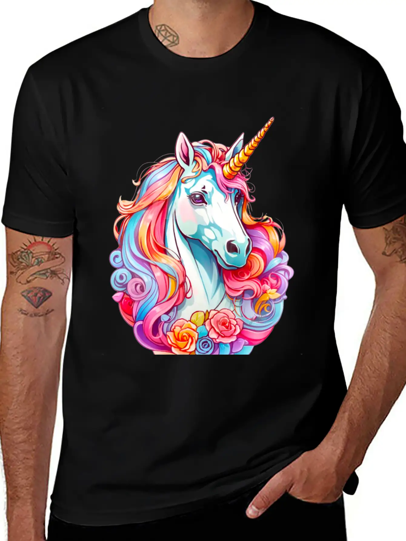 Rainbow Dream Unicorn Floral Stylish Everyday T-Shirt – Unisex Basic Cotton Tee