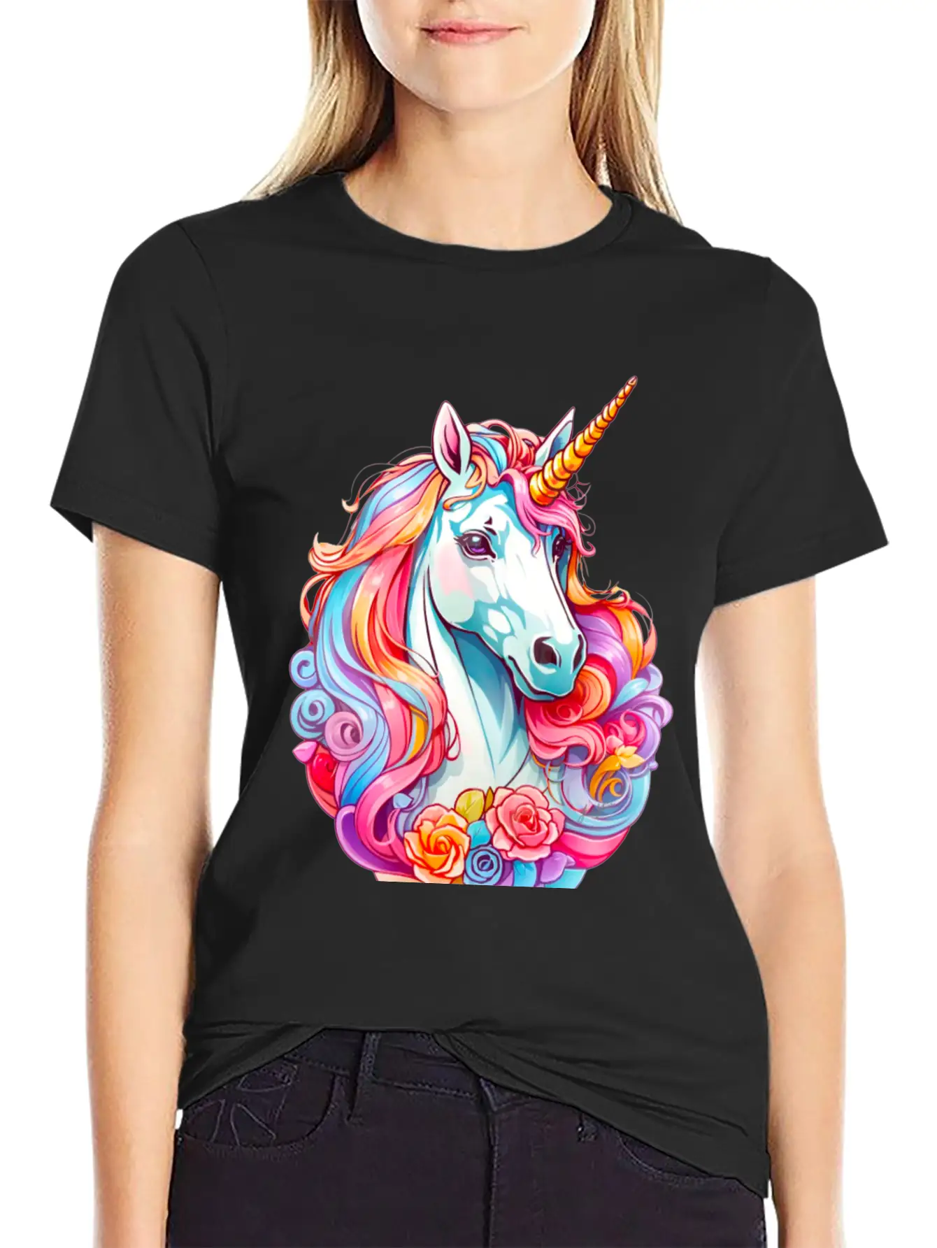 Rainbow Dream Unicorn Floral Stylish Everyday T-Shirt – Unisex Basic Cotton Tee