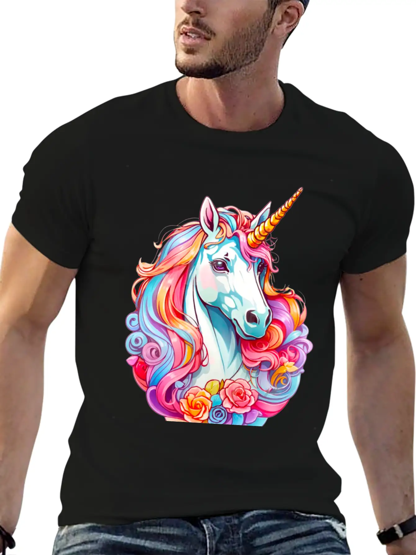 Rainbow Dream Unicorn Floral Stylish Everyday T-Shirt – Unisex Basic Cotton Tee